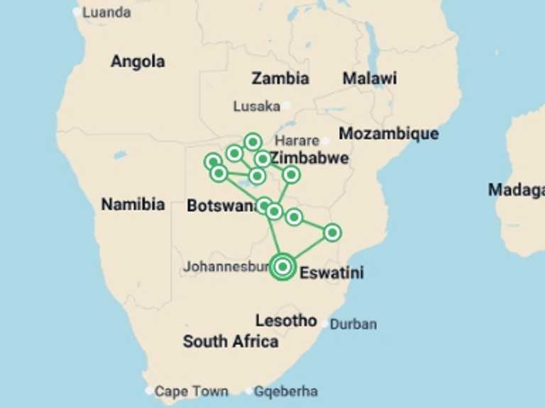 Map itinerary of Maun Tour in October 2025 with 12 destination visits for the trip: Explore Southern Africa