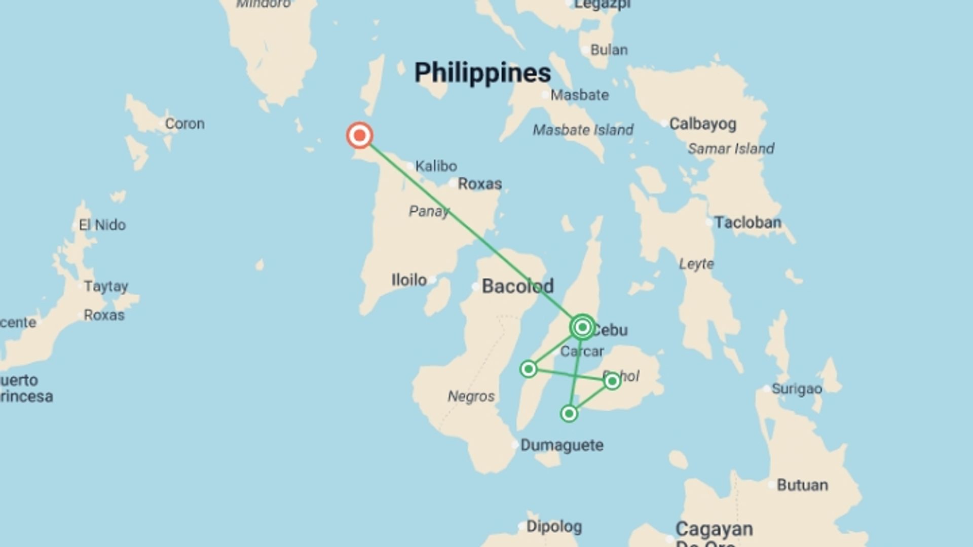 A map showing the tour itinerary for the trip: Philippines Island Hopping East, starting in Cebu, Philippines and ending in Boracay, Philippines going through 3 other destinations.