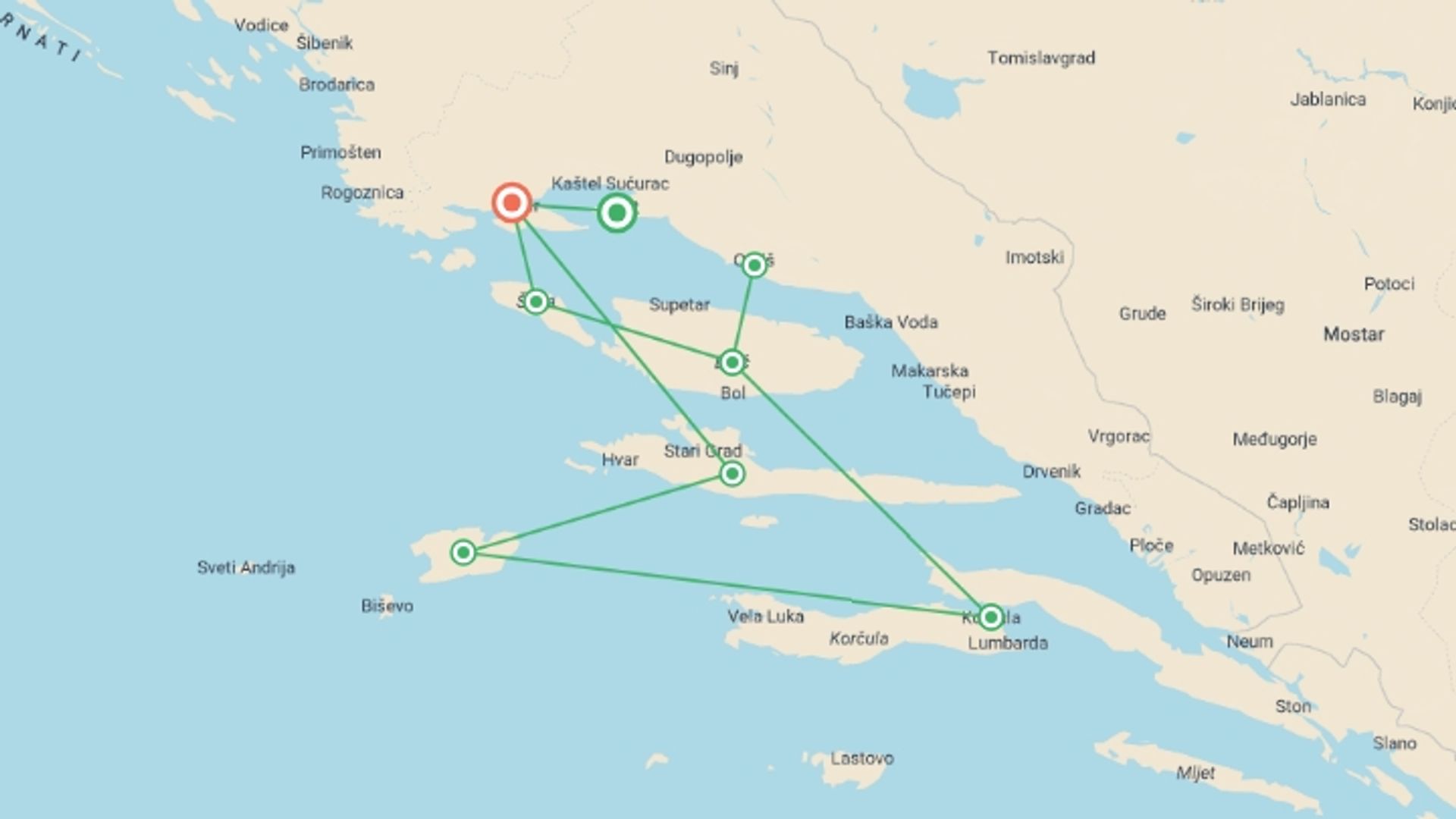 A map showing the tour itinerary for the trip: Croatia Bike & Boat - Deluxe, starting in Split, Croatia and ending in Trogir, Croatia going through 4 other destinations.