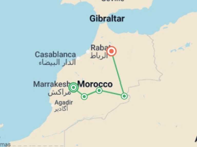 Map itinerary of Marrakech Tour in April 2027 with 3 destination visits for the trip: Morocco Desert Explorer 7D/6N