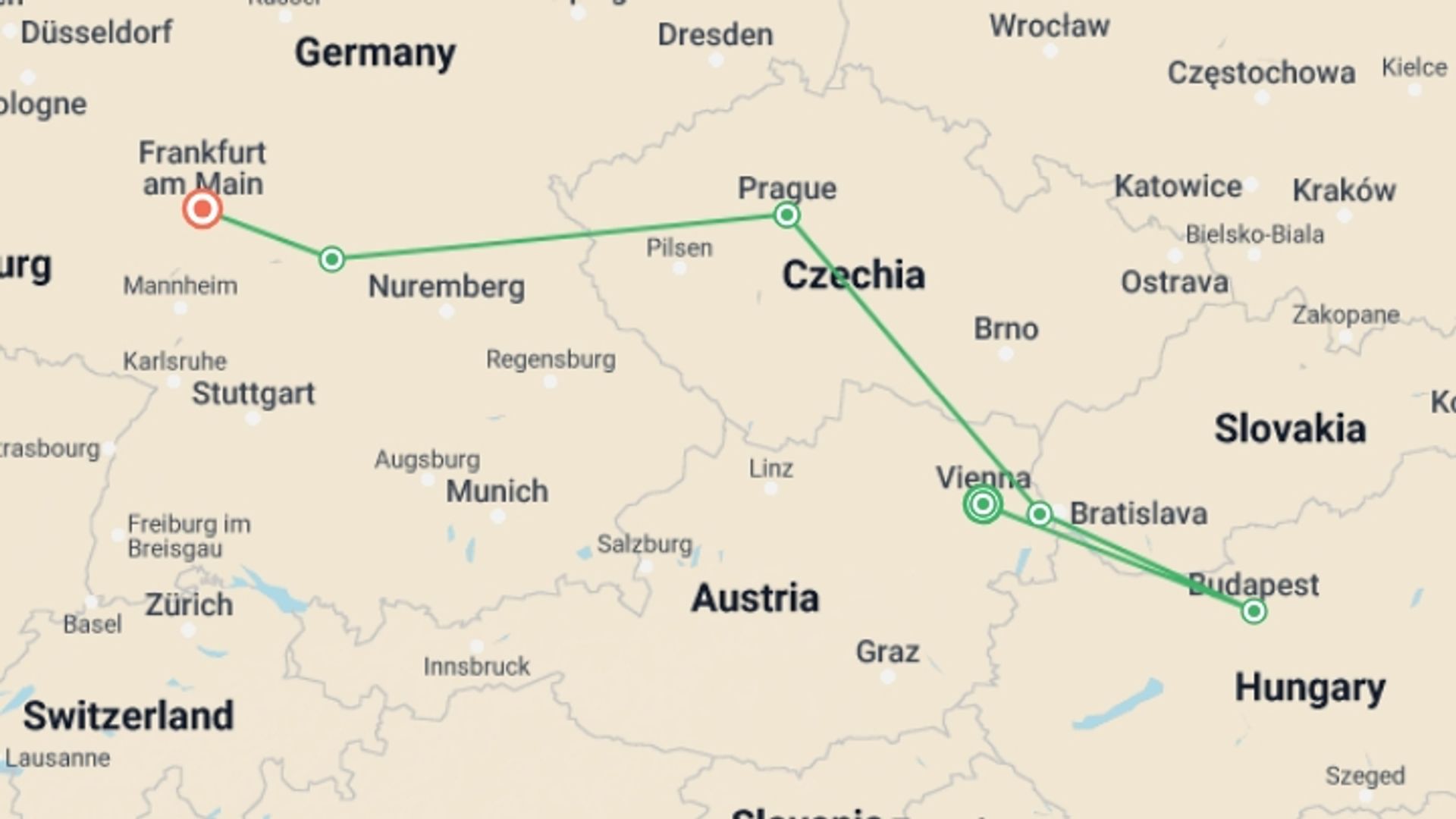 A map showing the tour itinerary for the trip: Highlights of Vienna Budapest Prague and Frankfurt, starting in Vienna, Austria and ending in Frankfurt, Germany going through 3 other destinations.
