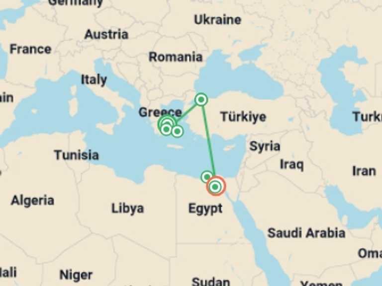 Map of Cairo Cruise Tour with 6 destination visits for the trip: Greece - Turkey - Egypt : In Search For Ancient Civilizations