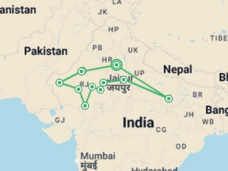 Map itinerary of New Delhi Tour in October 2027 with 11 destination visits for the trip: Rajasthan & Varanasi — Ancient Temples & the Taj Mahal
