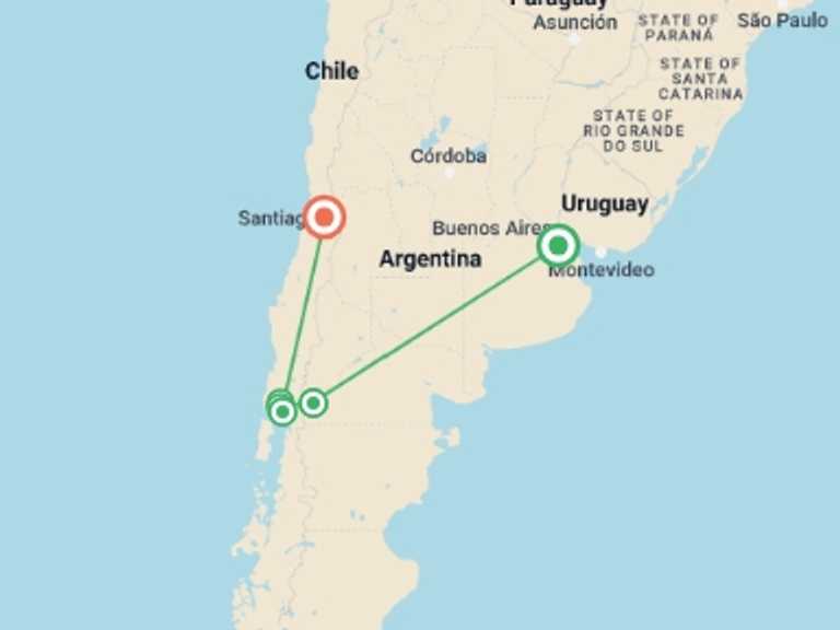 Map itinerary of Santiago Tour in Spring with 6 destination visits for the trip: 12 Day Buenos Aires, Patagonia and Santiago de Chile