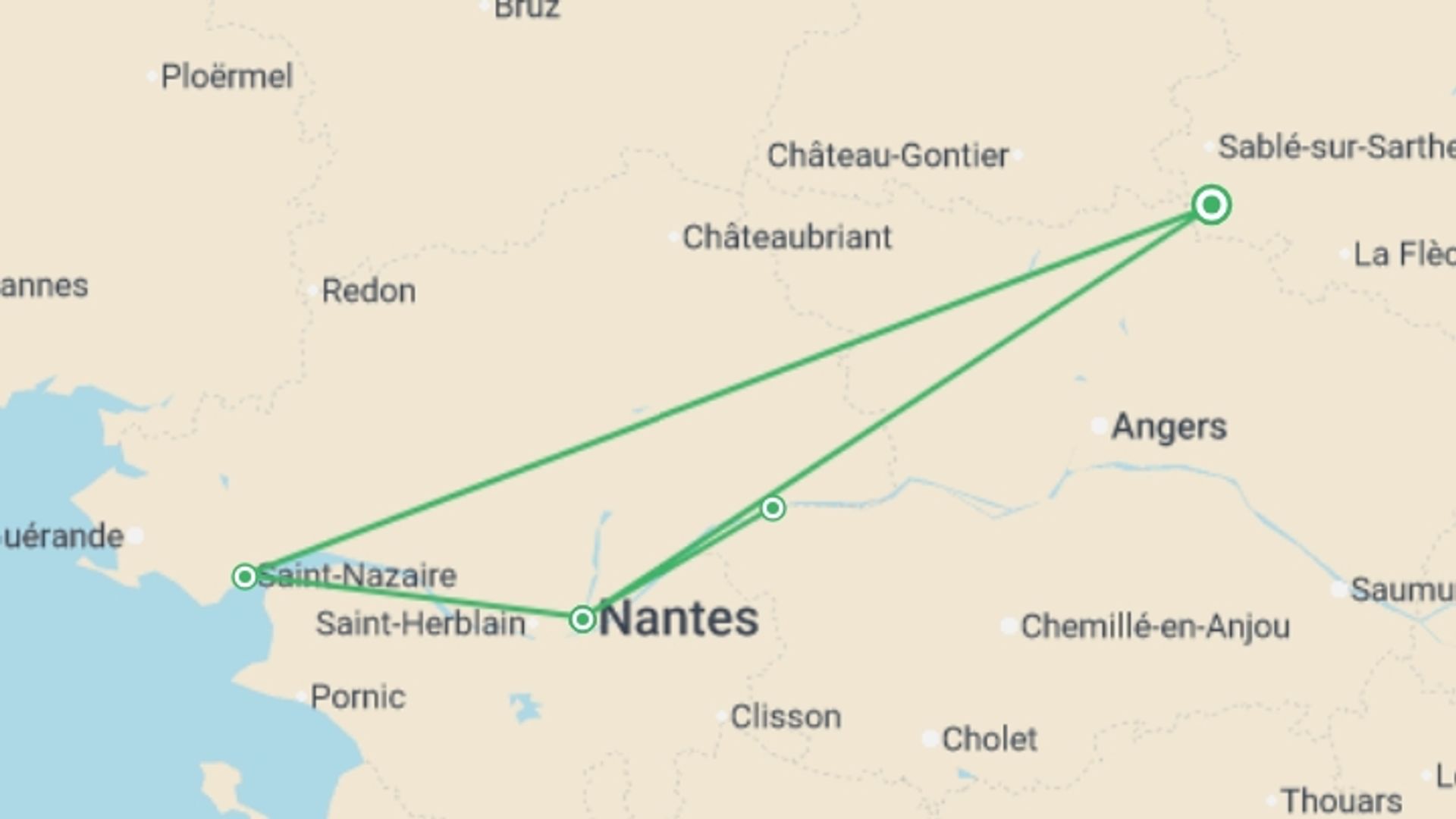 A map showing the tour itinerary for the trip: Whispers of the Loire: A Cruise Through Heritage and Legends (port-to-port cruise), starting in Pays de la Loire, France and ending in Pays de la Loire, France going through 3 other destinations.