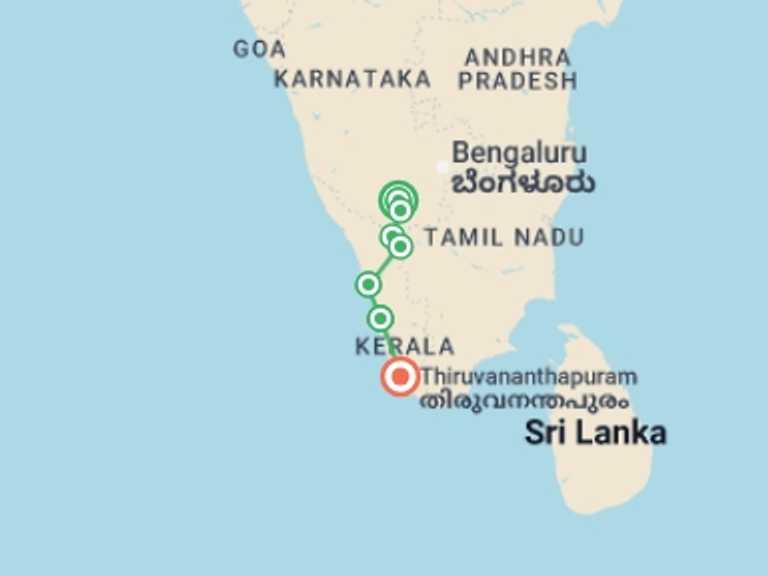 Map of a Bicycle Tour with 7 destination visits for the trip: Cycle Kerala & Tropical India
