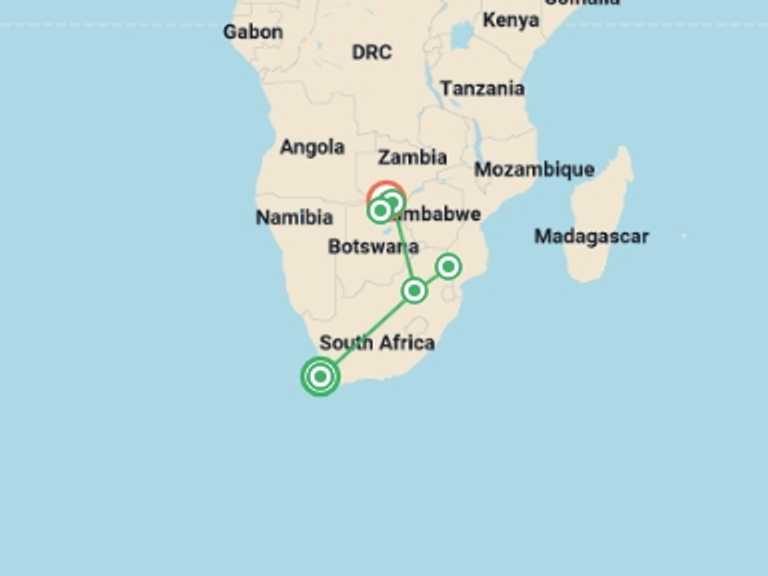 Map of Africa Tour with 6 destination visits for the trip: Cape, Safari and Falls 35 to 45