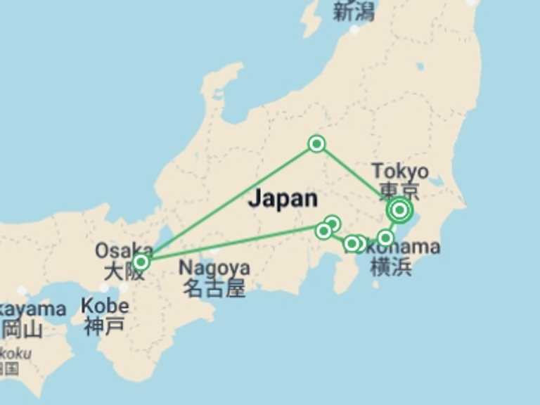 Map of 8-Day Tokyo Tour with 4 destination visits for the trip: Corners of Japan with Mount Fuji