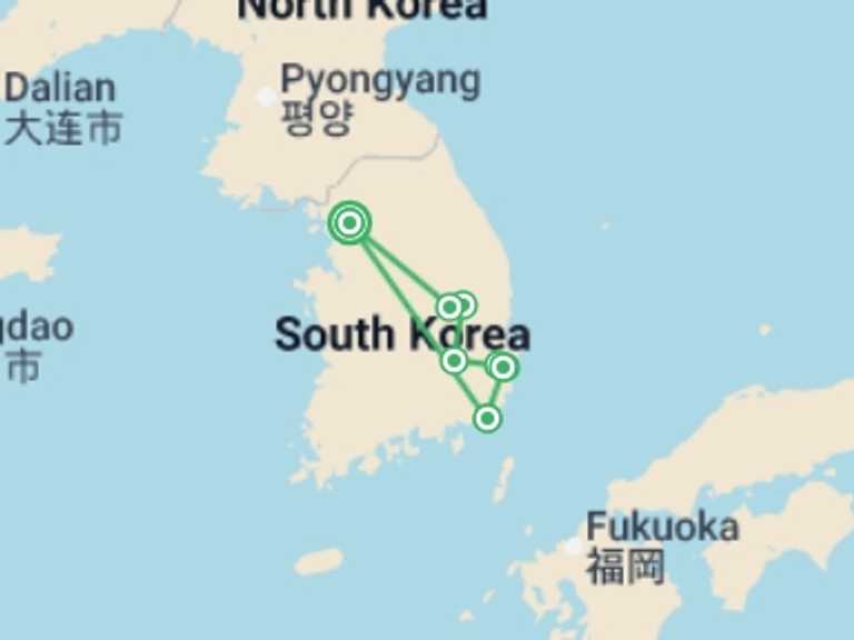 Map itinerary of South Korea Tour in December 2025 with 3 destination visits for the trip: Essential Korea