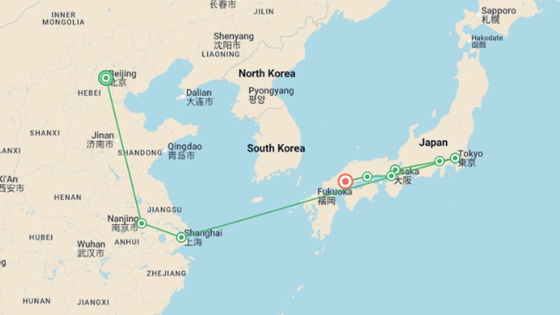 A map showing the tour itinerary for the trip: Legends of China and Japan, starting in Beijing, China and ending in Hiroshima, Japan going through 7 other destinations.