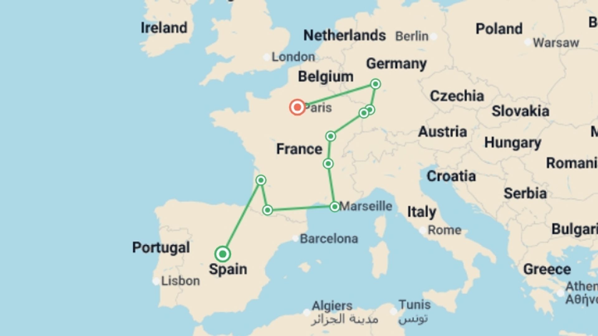A map showing the tour itinerary for the trip: Spain, Burgundy, Alsace and Black Forest, starting in Madrid, Spain and ending in Paris, France going through 8 other destinations.
