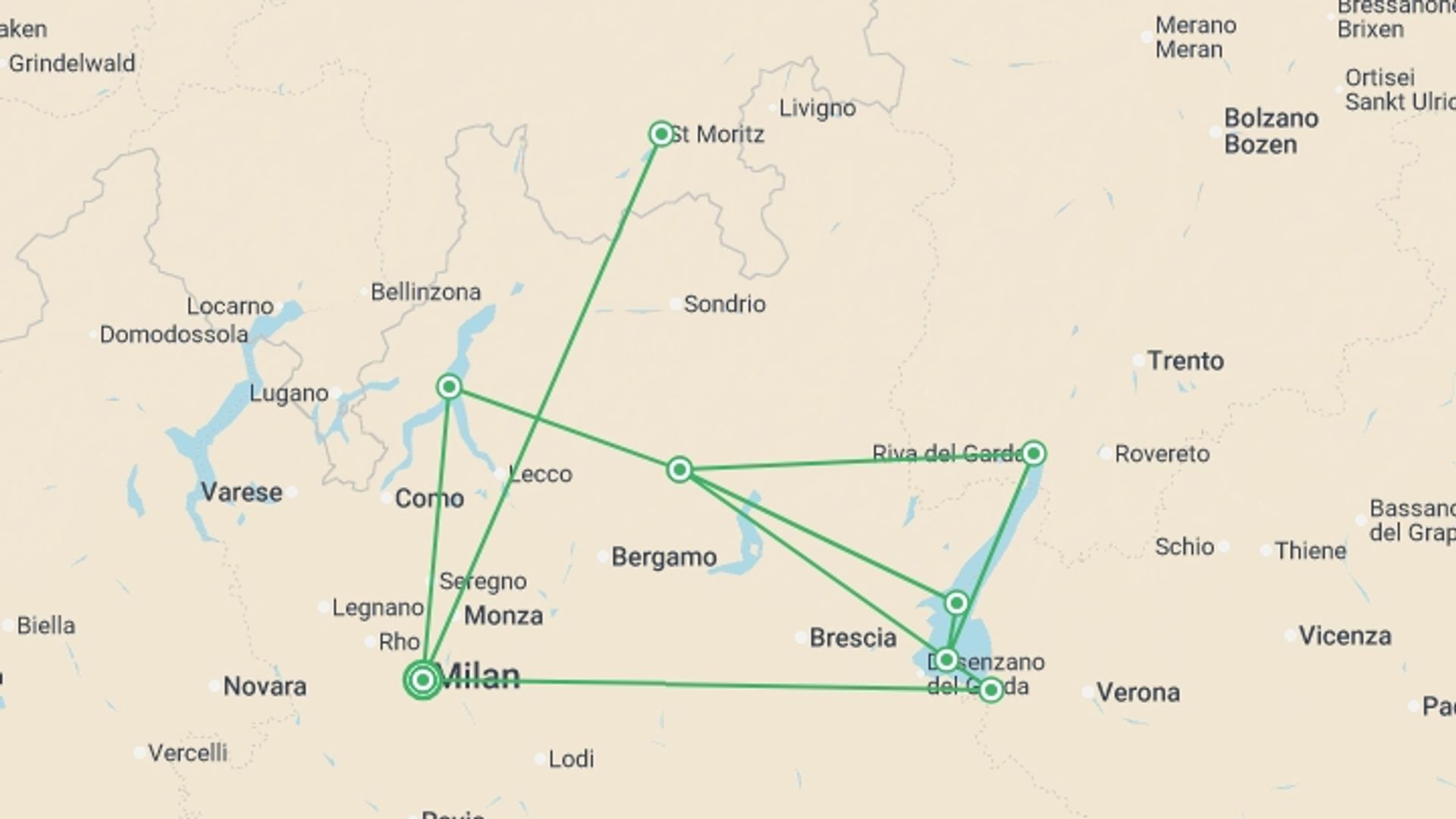A map showing the tour itinerary for the trip: Milan Explorer, Lakes & Alpine Train - 8 days, starting in Milan, Italy and ending in Milan, Italy going through 1 other destinations.