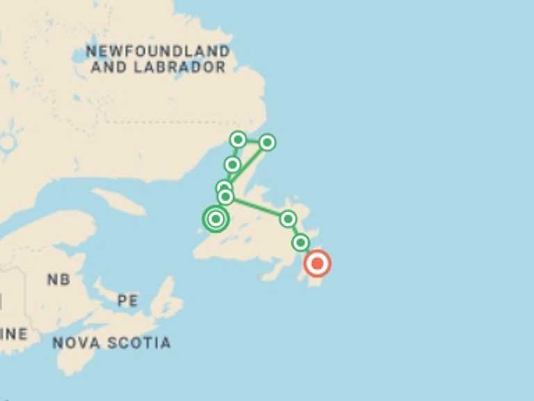 Map of 12-Day Canada Tour with 10 destination visits for the trip: Exploring Newfoundland & Labrador West to East