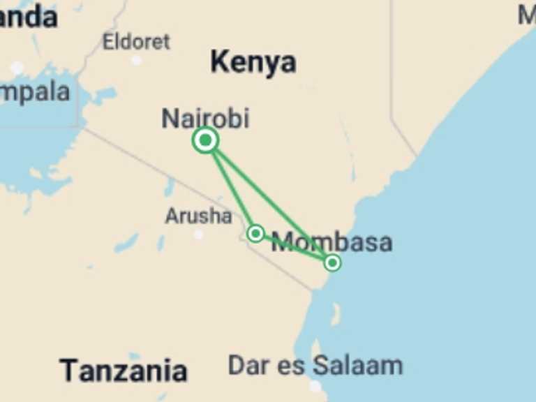 Map of a Natural landmarks sightseeing Tour with 3 destination visits for the trip: 3-Day Tsavo Safari