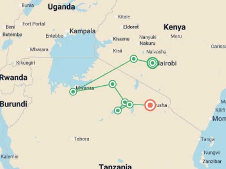Map of 10-Day East Africa Tour with 8 destination visits for the trip: East Africa Highlights
