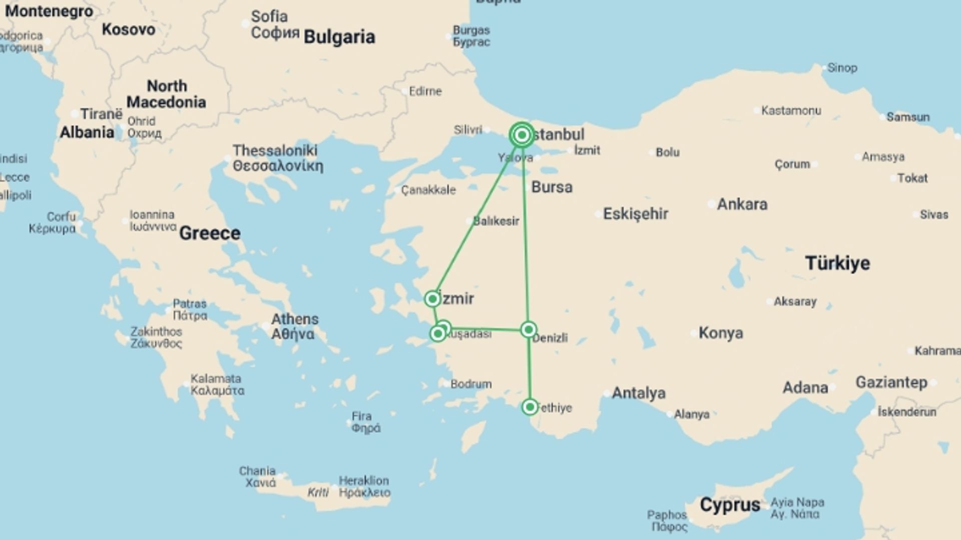 A map showing the tour itinerary for the trip: Best of West Turkey 5 star - 9 days, starting in Istanbul, Turkey and ending in Istanbul, Turkey going through 4 other destinations.