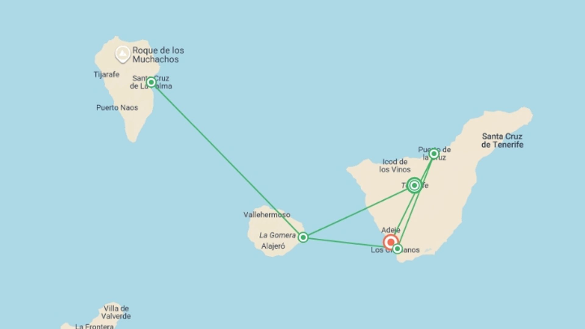A map showing the tour itinerary for the trip: Sail and Hike the Canary Islands, starting in Valencia, Spain and ending in Costa Adeje, Spain going through 5 other destinations.