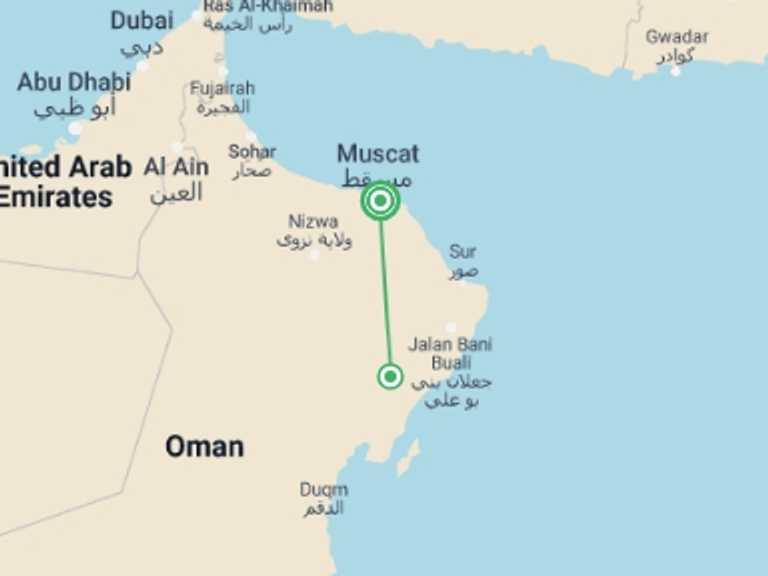 Map of Oman Tour with 2 destination visits for the trip: Jewels of Oman