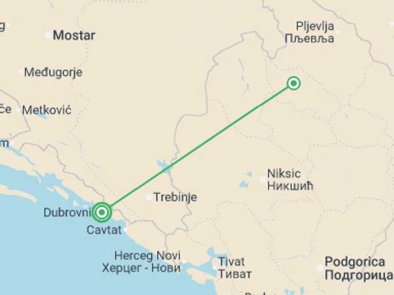 Map itinerary of Mediterranean Tour in Summer with 2 destination visits for the trip: Croatia & Montenegro: Hike, Bike & Raft