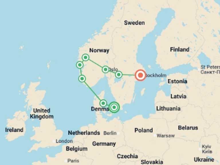 Map of Scandinavia Natural landmarks sightseeing Tour with 8 destination visits for the trip: Wonders of Scandinavia