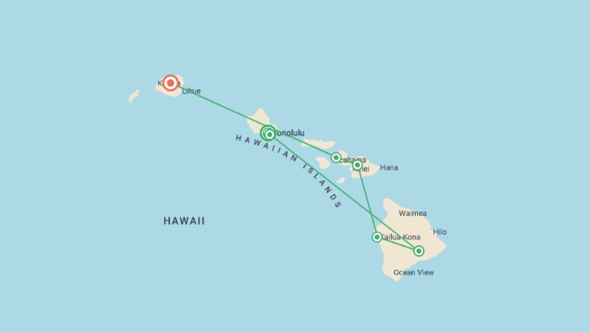 A map showing the tour itinerary for the trip: Hawaii Four Island Adventure, starting in Honolulu, USA and ending in Kauai, USA going through 5 other destinations.