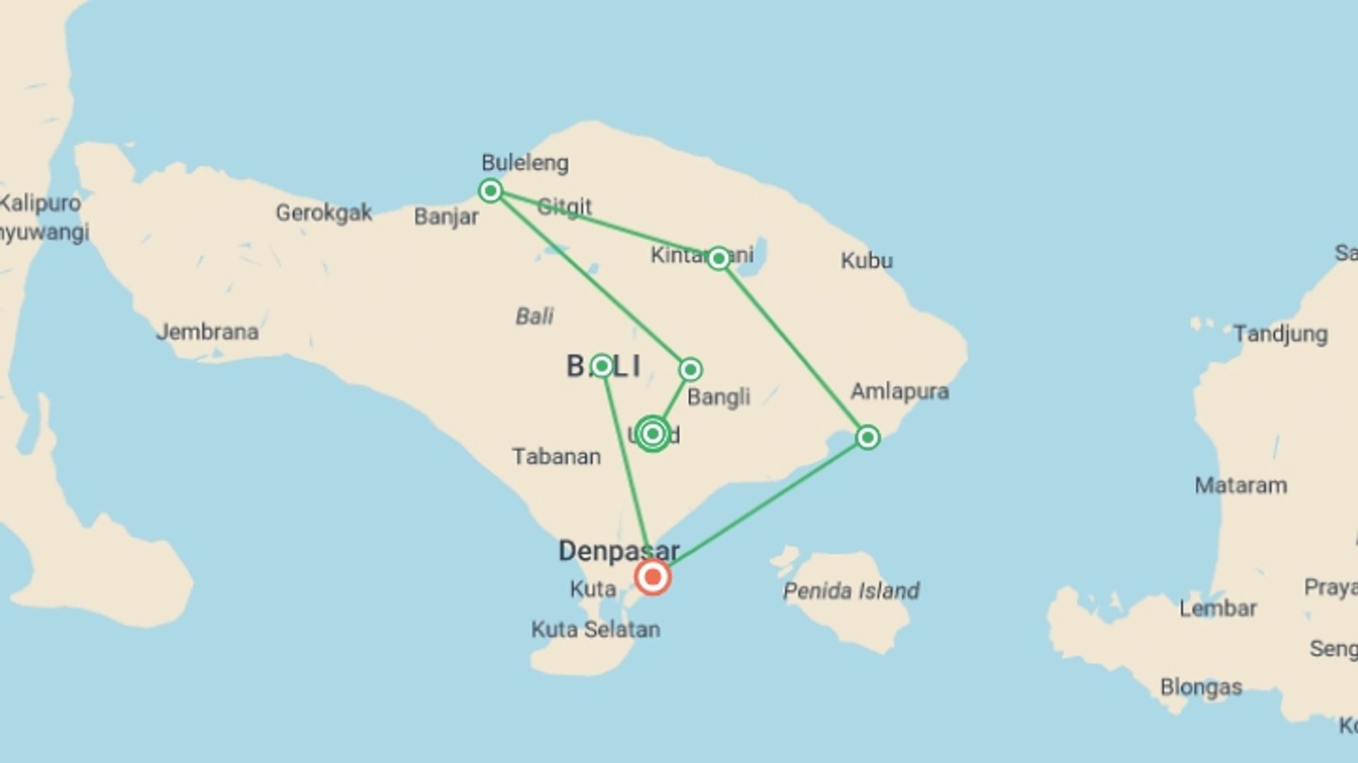 A map showing the tour itinerary for the trip: Amazing Bali 2025 (5 & 4 Star Hotels), starting in Ubud, Indonesia and ending in Sanur, Indonesia going through 4 other destinations.