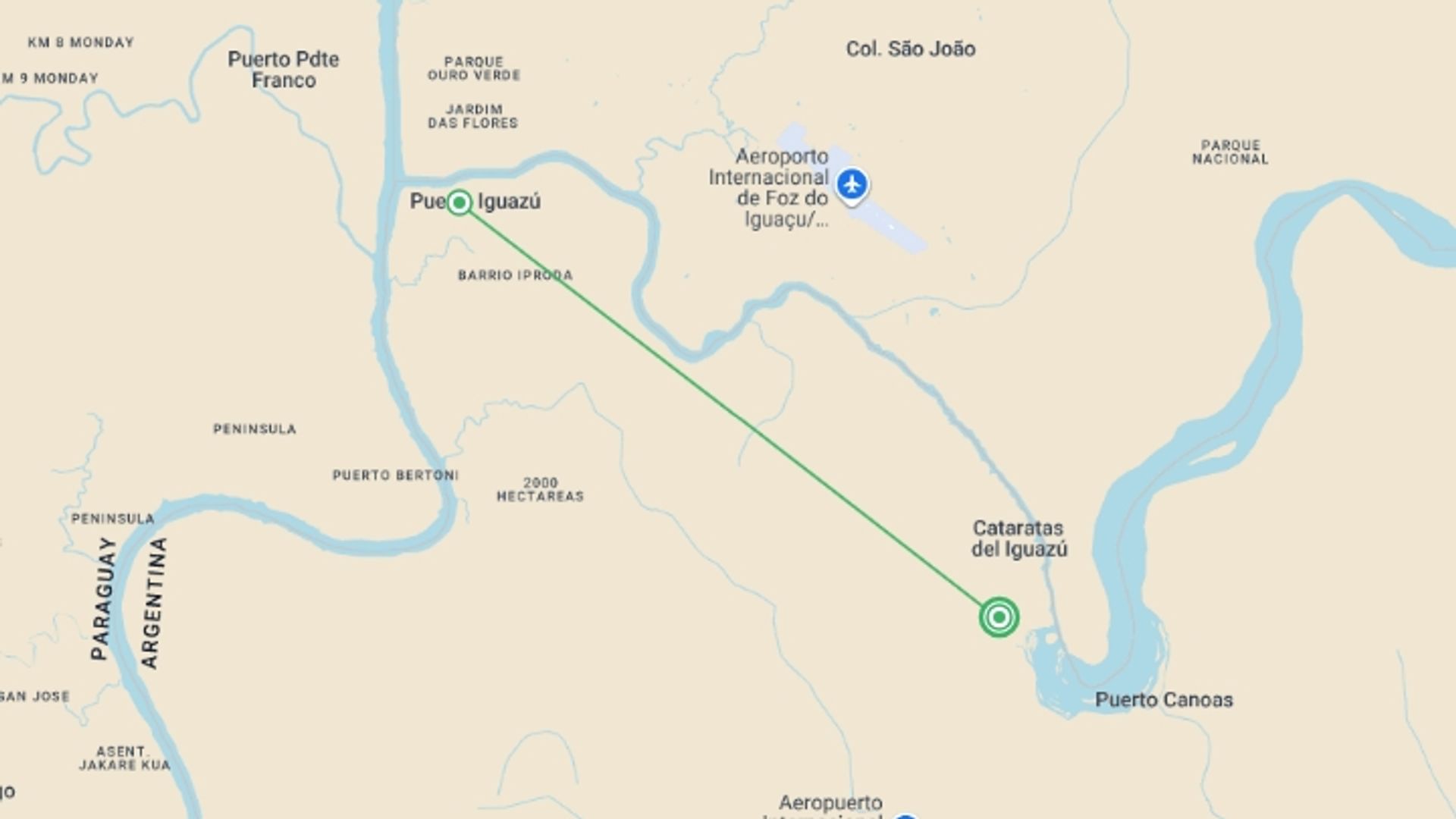 A map showing the tour itinerary for the trip: Argentina : Iguazú Falls Highlights – 2 days, starting in Iguazu Falls, Argentina and ending in Iguazu Falls, Argentina going through 2 other destinations.