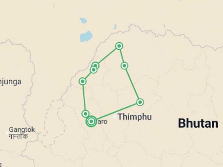 Map itinerary of Bhutan Tour in September 2026 with 8 destination visits for the trip: Bhutan High Trails via Laya