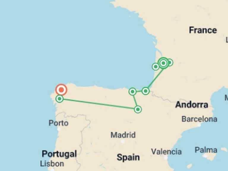 Map of Europe Tour with 8 destination visits for the trip: Bordeaux & Northern Spain