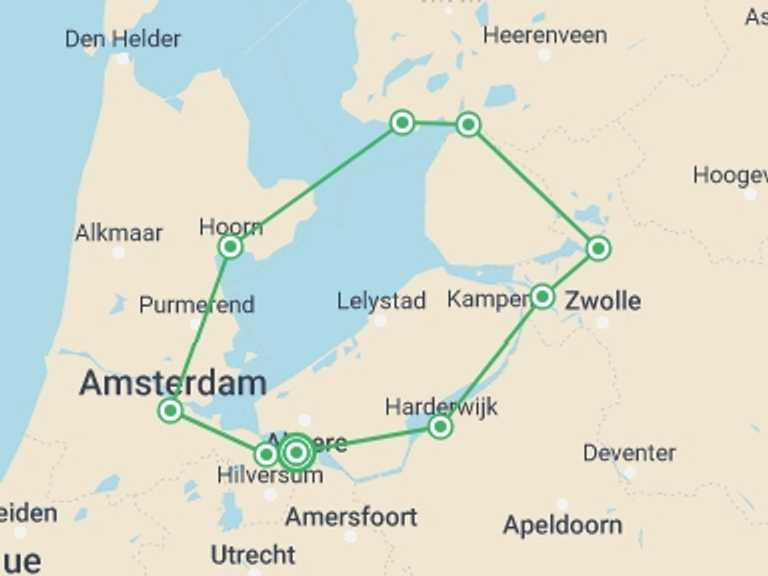 Map of Holland Tour with 6 destination visits for the trip: Amsterdam and Lake IJssel Cycle