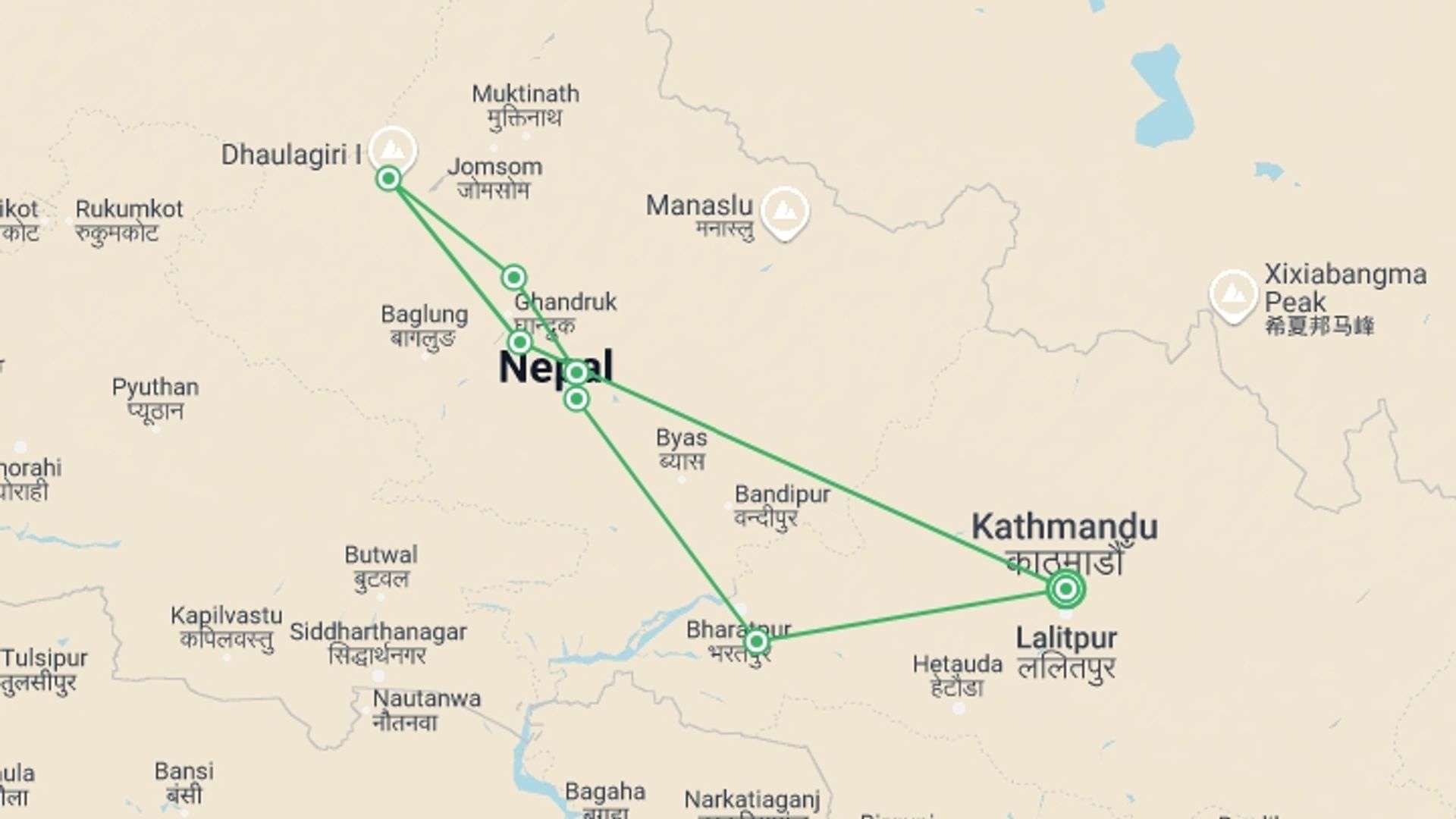 A map showing the tour itinerary for the trip: Nepal: Annapurna Hiking, Rafting and Chitwan National Park, starting in Kathmandu, Nepal and ending in Kathmandu, Nepal going through 6 other destinations.