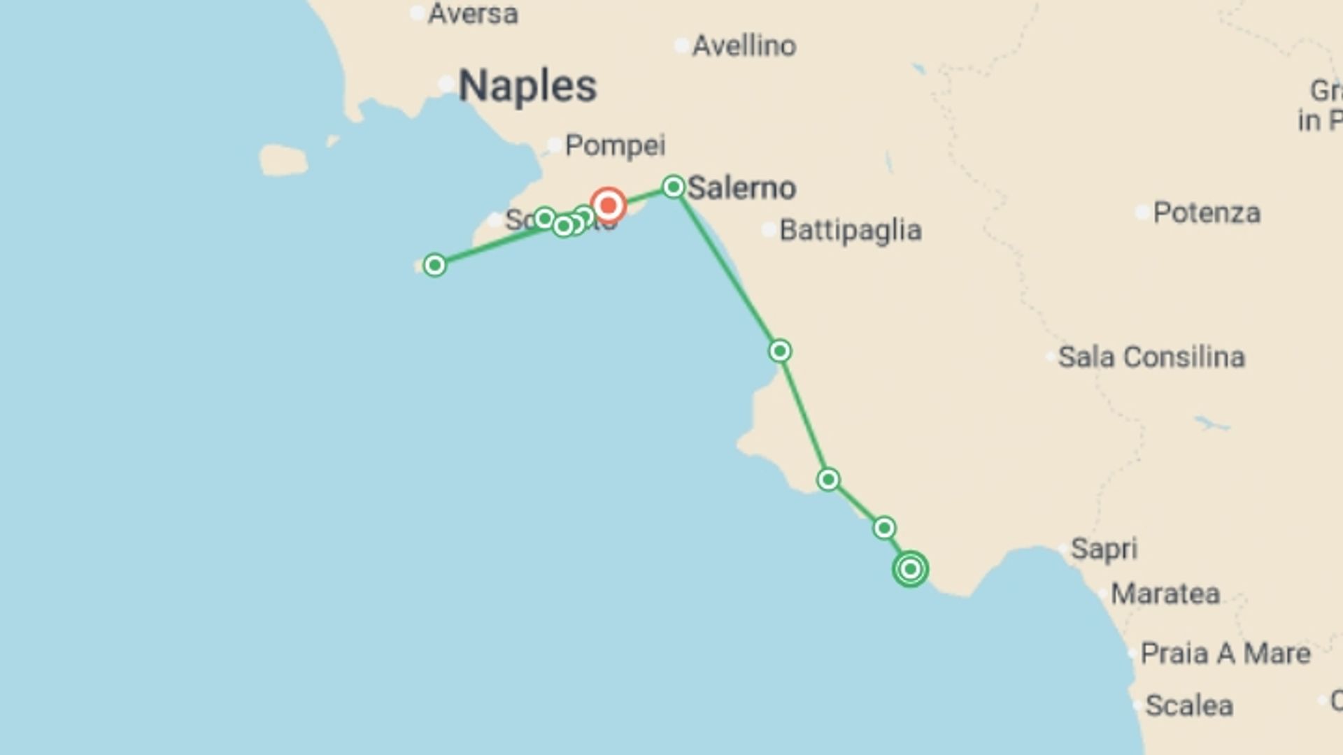 A map showing the tour itinerary for the trip: Cycle Cilento & the Amalfi Coast, starting in Palinuro, Italy and ending in Minori, Italy going through 3 other destinations.