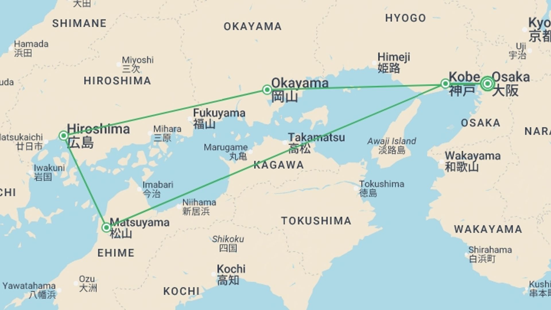 A map showing the tour itinerary for the trip: South Japan Express, starting in Osaka, Japan and ending in Osaka, Japan going through 4 other destinations.