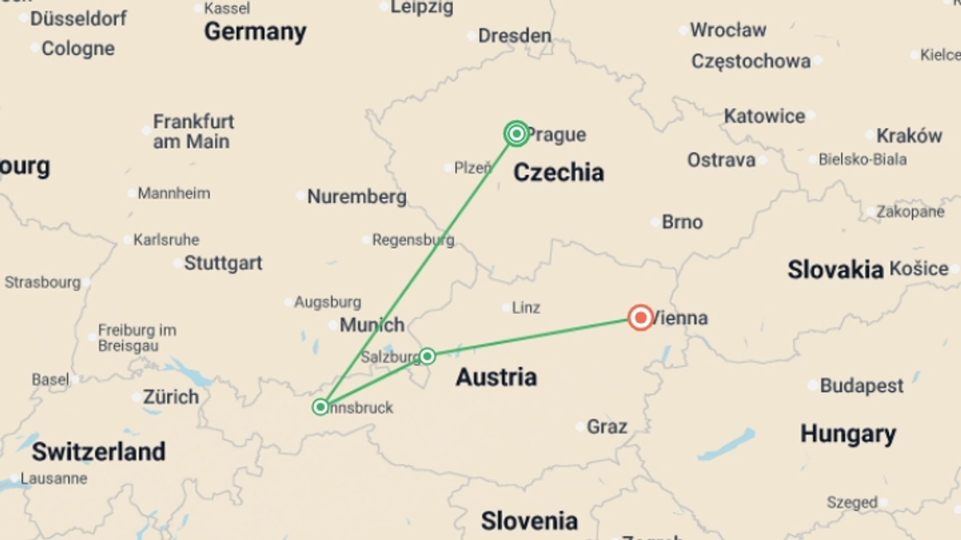 A map showing the tour itinerary for the trip: Prague, Munich and Austria GO, starting in Prague, Czech Republic and ending in Vienna, Austria going through 2 other destinations.