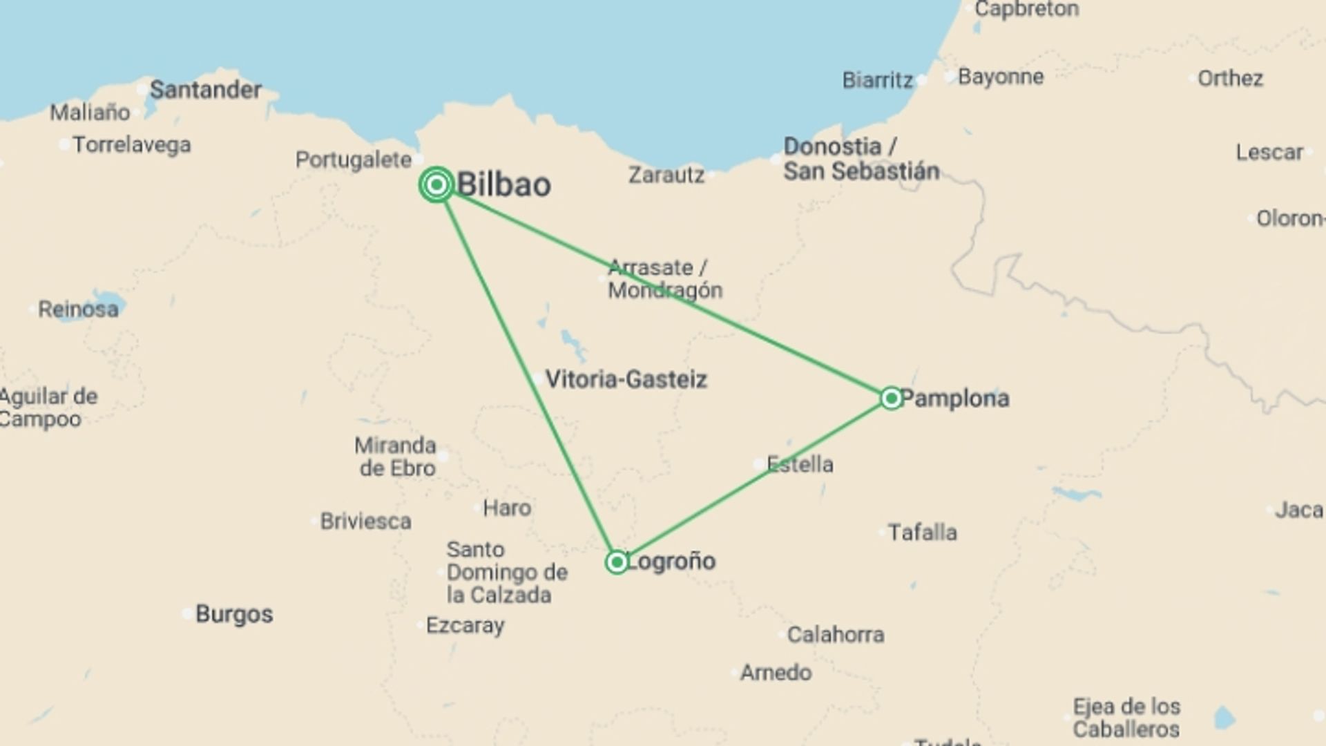 A map showing the tour itinerary for the trip: The Northern Gateway, Self-drive, starting in Bilbao, Spain and ending in Bilbao, Spain going through 2 other destinations.