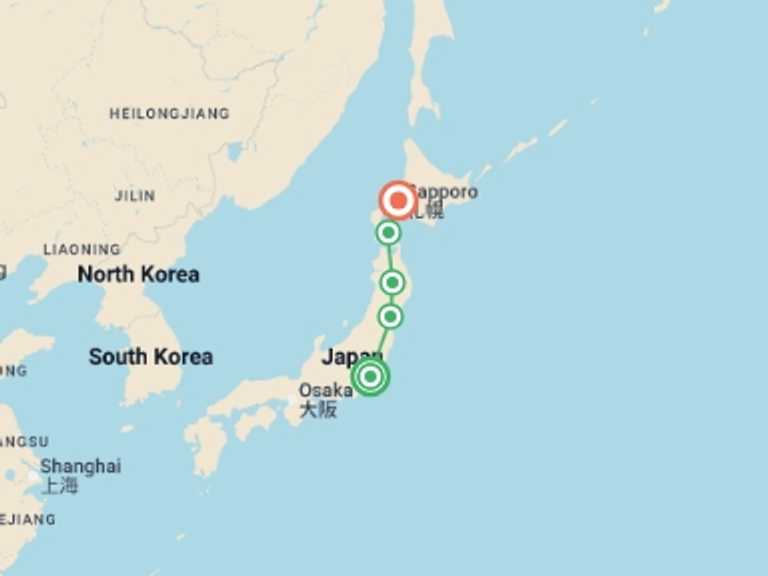 Map of Asia Tour with 5 destination visits for the trip: North Japan End Sapporo