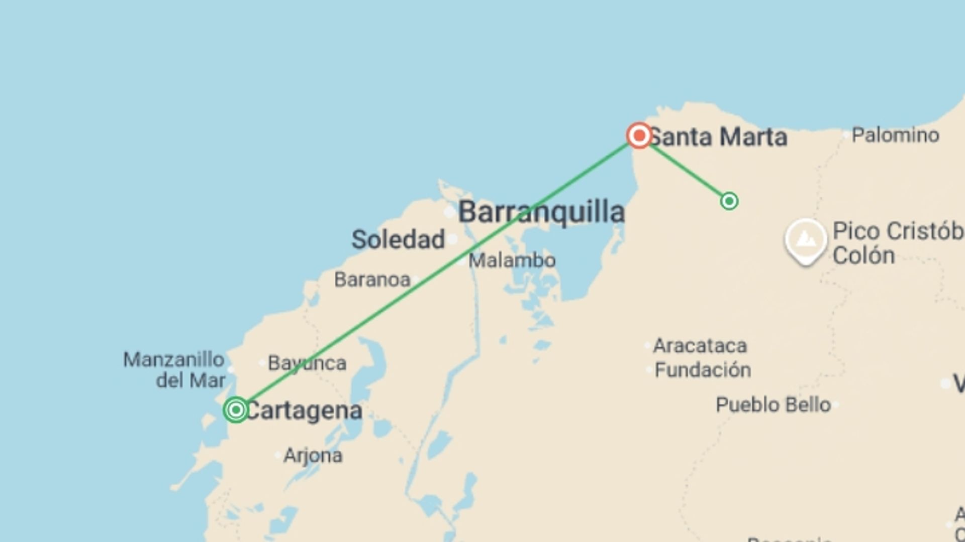 A map showing the tour itinerary for the trip: Lost City Trekking in Colombia, starting in Cartagena, Colombia and ending in Santa Marta, Colombia going through 1 other destinations.