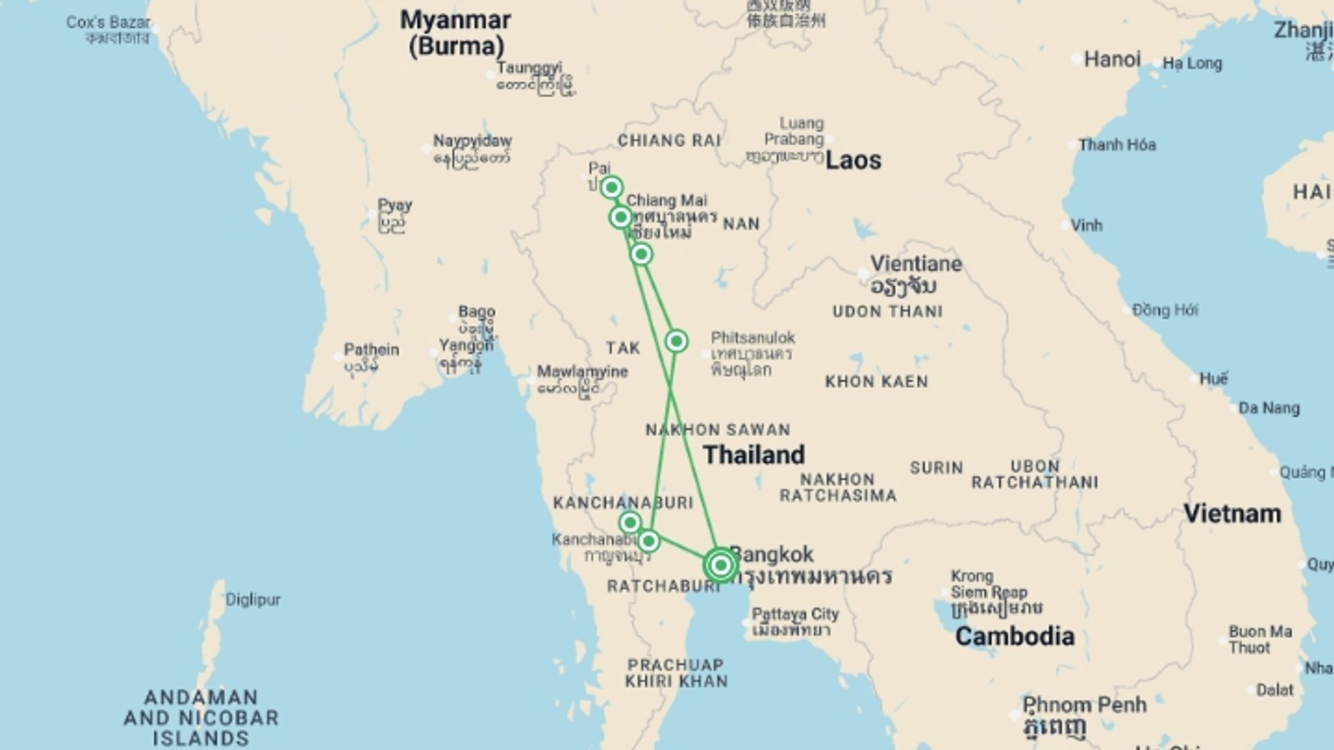 A map showing the tour itinerary for the trip: Highlights of Northern Thailand, starting in Bangkok, Thailand and ending in Bangkok, Thailand going through 6 other destinations.