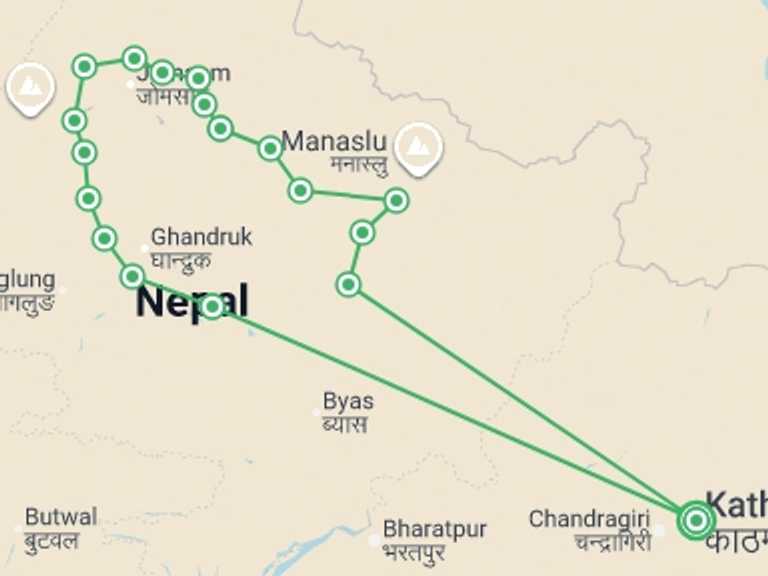 Map itinerary of Asia Tour in December 2026 with 18 destination visits for the trip: Annapurna Circuit Trek
