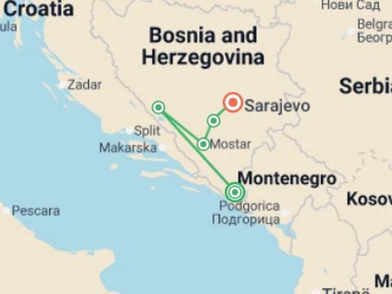 Map of Europe Explorer Tour with 5 destination visits for the trip: Bosnia and Herzegovina: Wild Horses & City Sights