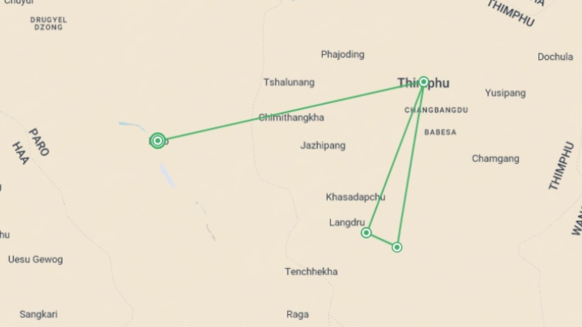 A map showing the tour itinerary for the trip: Dagala Thousand Lakes Trek, starting in Paro, Bhutan and ending in Paro, Bhutan going through 3 other destinations.