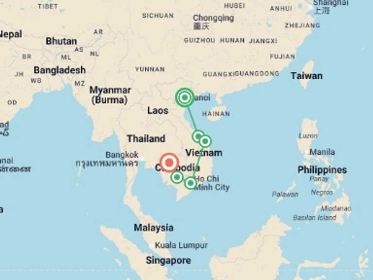 Map of Asia Tour with 7 destination visits for the trip: Journey to Angkor Wat - 14 days