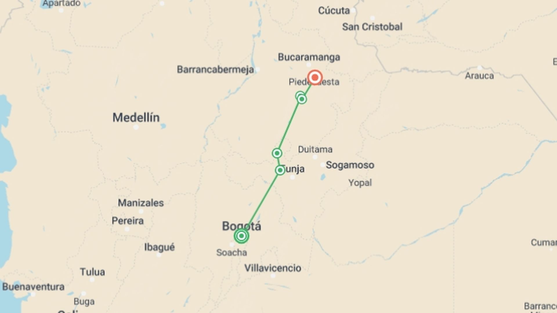 A map showing the tour itinerary for the trip: Riding the Colombian Andes, starting in Bogota, Colombia and ending in Mesa De Los Santos, Colombia going through 4 other destinations.