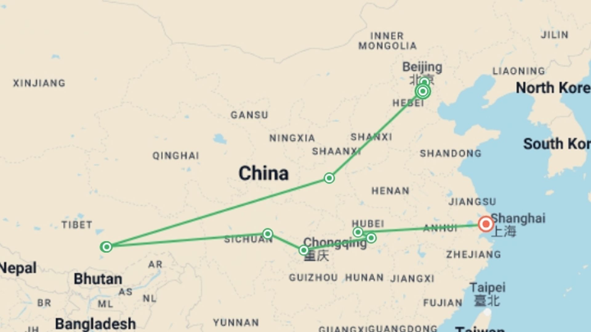 A map showing the tour itinerary for the trip: Tibet & China Luxury Tour, starting in Beijing, China and ending in Shanghai, China going through 5 other destinations.