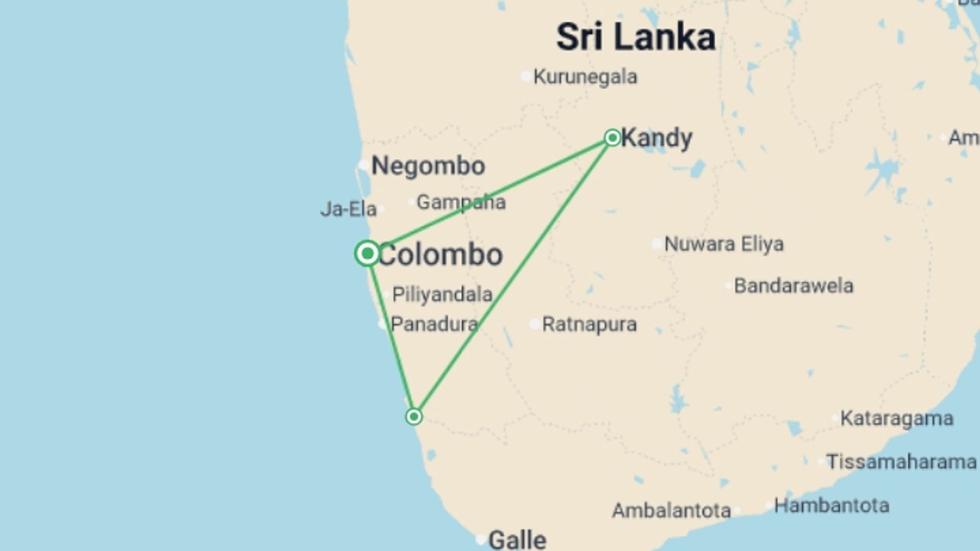 A map showing the tour itinerary for the trip: Colombo, Kandy & Beach - 4 days, starting in Colombo, Sri Lanka and ending in Colombo, Sri Lanka going through 2 other destinations.