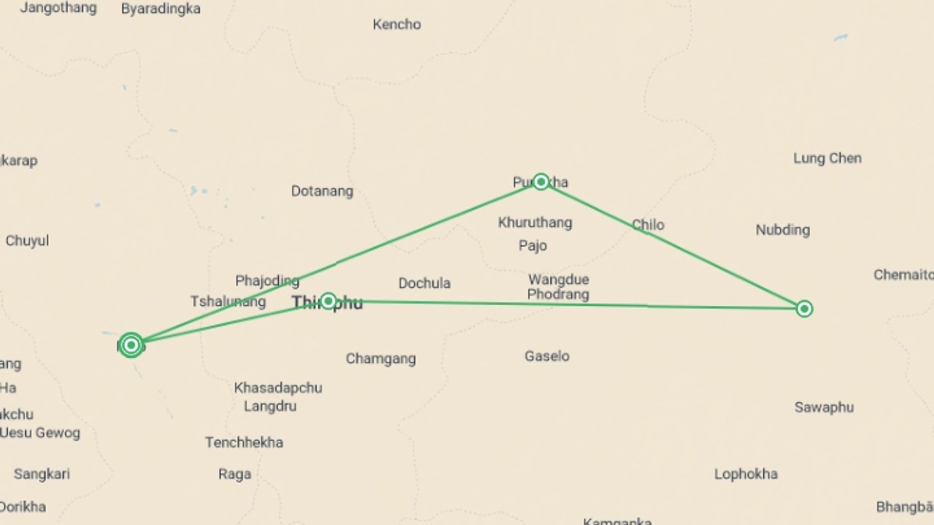 A map showing the tour itinerary for the trip: Luxury Bhutan Tour: Culture, Experience & Himalayan Wonders, starting in Paro, Bhutan and ending in Paro, Bhutan going through 3 other destinations.