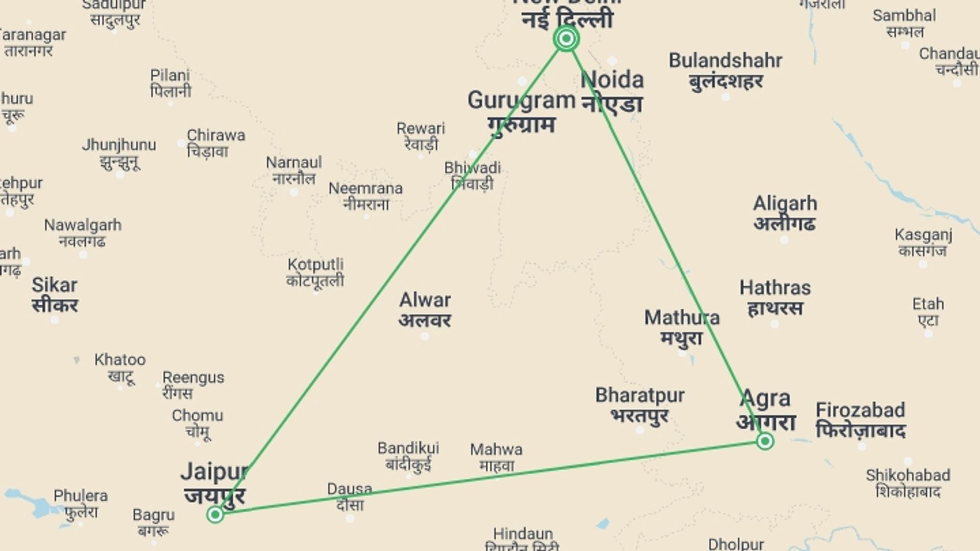 A map showing the tour itinerary for the trip: Golden Triangle of India, starting in New Delhi, India and ending in New Delhi, India going through 2 other destinations.