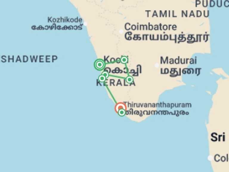 Map itinerary of Asia Tour in August 2026 with 8 destination visits for the trip: Kerala Discovery (3 Star) - 10 days