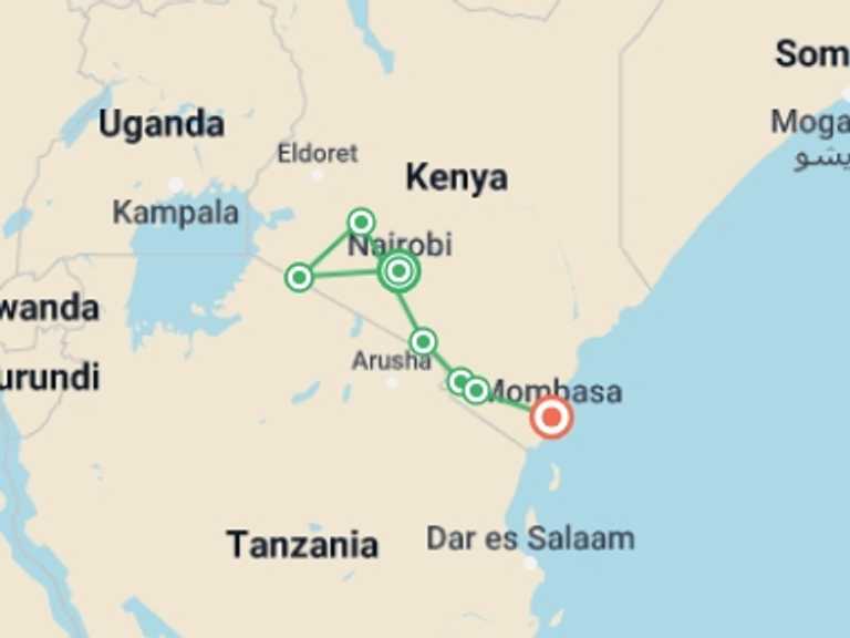 Map itinerary of Tsavo West National Park Tour in Winter with 7 destination visits for the trip: Kenya Odyssey