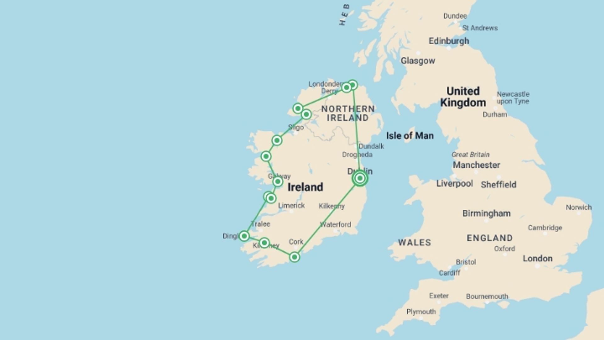 A map showing the tour itinerary for the trip: The Full Irish – 11 Days, starting in Dublin, Ireland and ending in Dublin, Ireland going through 6 other destinations.